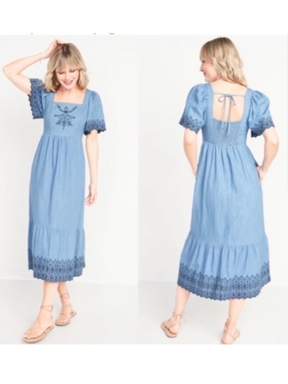 Old Navy Chambray Fit &Flare Midi dress Embroidered Eyelet Tie Back Women Large